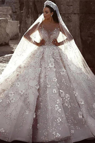Stunning Long Sleeve Ball Gown 3D Flowers Wedding Dresses, Long Wedding Gowns SJS15435