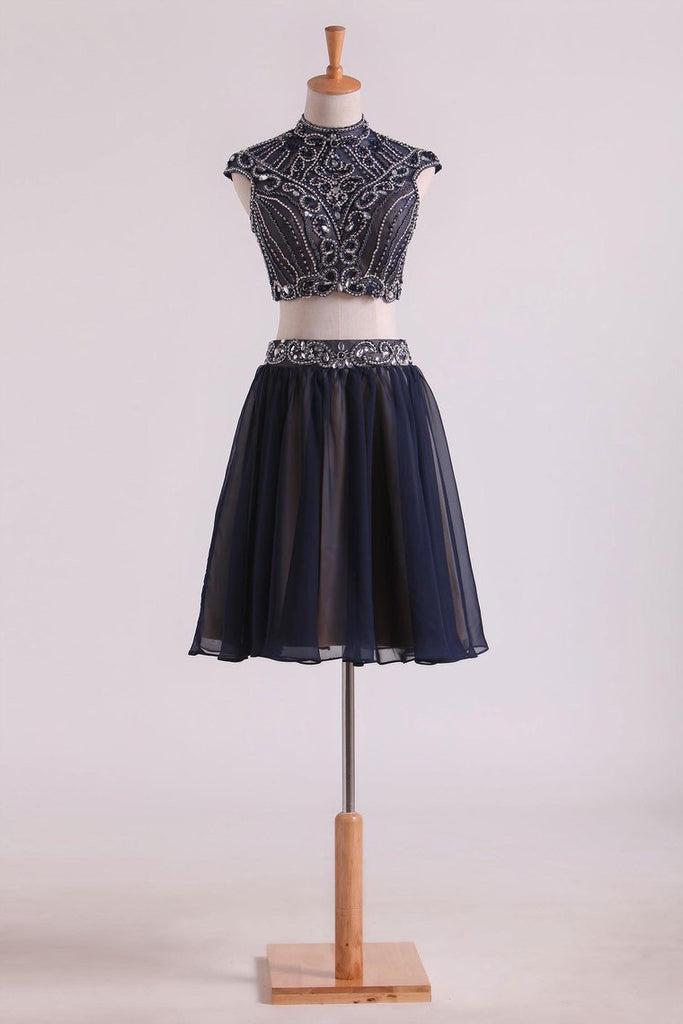 Two-Piece High Neck A Line Short/Mini Homecoming Dresses Tulle & Chiffon