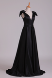 Deep V-Neck Evening Dresses A-Line Satin With Bow-Knot & Ribbon