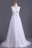 Straps A Line Wedding Dress Court Train Tulle With Applique & Handmade Flower