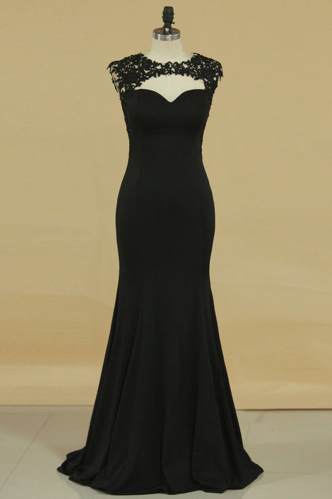 Mermaid Scoop With Applique Spandex Floor Length Black Prom Dresses