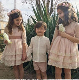 A Line Half Sleeves Pink Round Neck Flower Girl Dresses with Appliques, Baby Dresses SJS15546
