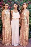 Cheap Pink Lace Sparkly Sequin Gold Mismatched Bridesmaid Dresses, Long Prom Dresses SJS15129