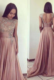 Scoop Beads Long Cheap Open Back Chiffon Pink A-Line Sleeveless Prom Dresses JS777