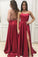 A Line Red Spaghetti Straps Open Back Prom Dresses With Slit Pockets