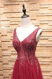 Simple A-Line Burgundy V-Neck Beads Tulle Long Sleeveless Slit Backless Prom Dresses JS241