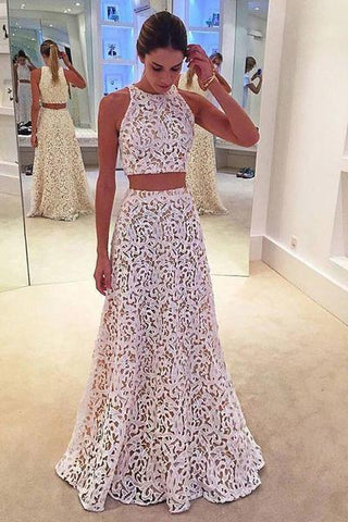 White lace round-neck two pieces A-line long evening dresses formal dresses from Cute dress JS185