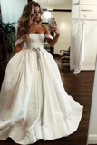 Puffy Off The Shoulder Satin Long Wedding Dresses With Pockets, Simple Bridal Dress