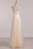 Tulle V Neck Bridesmaid Dresses A Line With Ruffles Floor Length