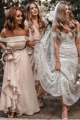 A Line Off the Shoulder Chiffon Cheap Two Pieces Backless Bridesmaid Dresses SJS15492