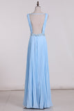 V Neck Prom Dresses A Line Backless Floor Length With Beading And Ruffles