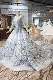 Ball Gown Lace Up Back Cathedral Train Wedding Dress Appliques&Beads Long Sleeves