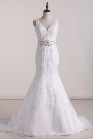 V-Neck Wedding Dresses Mermaid/Trumpet Tulle With Embroidery And Beads Court Train