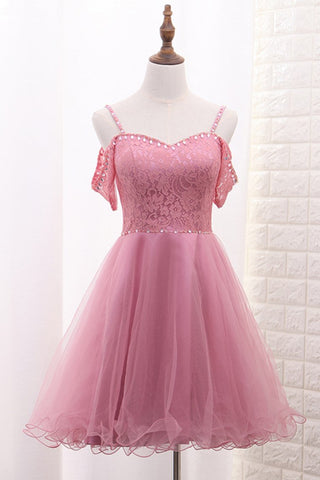 Spaghetti Straps A Line Tulle & Lace With Beads Homecoming Dresses