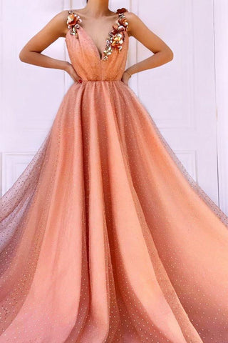 Charming Orange 3D Flowers Long Prom Dresses V-neck Tulle Cheap Evening Dresses SJS15120
