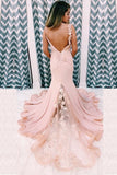 Unique Mermaid V Neck Spaghetti Straps Pink Prom Dresses, Cheap Party Dress SJS15605