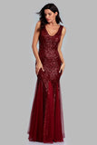 Sexy Burgundy Tulle V Neck Mermaid Sequin Prom Dresses, Evening Party Dresses SJS15332