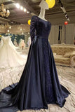 Dark Davy Prom Dresses Removable Train Scoop Tulle With Full Beading Long Sleeves