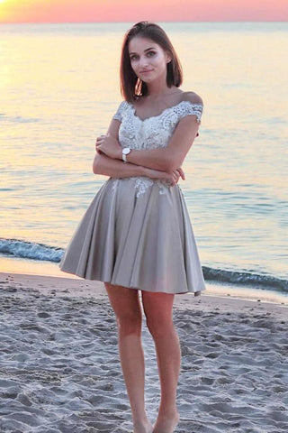 A Line Off The Shoulder Satin Lace Short Homecoming Dresses