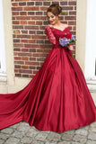 A Line Scoop Prom Dresses Long Sleeves Satin With Applique Court Train