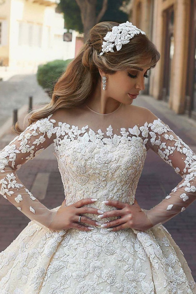 Gorgeous African Huge Ballgown Wedding Dress With Sheer Bateau Neckline,  Illusion Long Sleeves, Lace Appliques, And Puffy Details Cathedral Style  BR318Y From Ouri, $346.74 | DHgate.Com