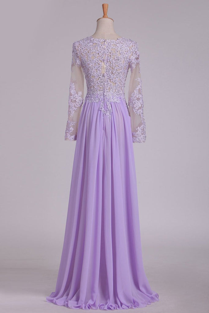 Scoop Long Sleeves Prom Dresses With Applique And Beads A Line Chiffon