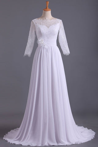 Bateau 3/4 Length Sleeve A Line Wedding Dresses Chiffon With Applique & Handmade Flower