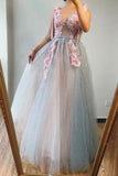 A line V neck Beads Pink Long Tulle Prom Dresses With Floral, Formal Dresses SJS15038