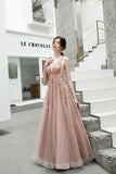 A Line V Neck Pink Beads Straps Prom Dresses Lace up, Long Dance SJS15615