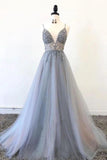 Gorgeous A Line Spaghetti Straps V Neck Beads Prom Dresses with SJS15648