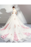 Unique Off The Shoulder Tulle Wedding Dress With Pink Flowers Ball Gown Wedding SJSPQ4NB2CL