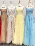 A Line Tulle Yellow Spaghetti Straps Prom Dresses with Appliques, Party SJS15613