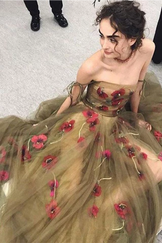 Off The Shoulder See-Through Prom Dress With Flowers Tulle