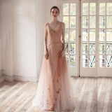Open Back Spaghetti Straps Prom Dresses Ombre Tulle V Neck Pink Beauty Prom Gowns P1048