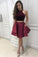 Burgundy Two Pieces Halter Satin Short Prom Dress with Pockets Homecoming Dresses JS913