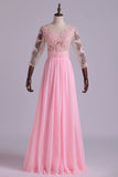 Mid-Length Sleeve A-Line Scoop Chiffon Prom Dresses Floor-Length With Applique & Bow-Knot