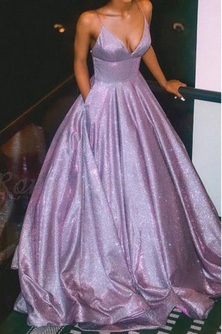 A Line Spaghetti Straps Long Prom Dress with Pockets, Glitter Lilac V Neck Formal Dresses SJS15028