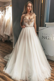 A-Line Crystals Long Wedding Dress With Champagne Ribbon Beads&Rhinestones