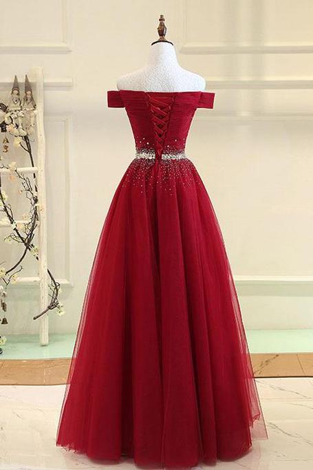 A Line Burgundy Off the Shoulder Lace up Tulle Sweetheart Long Prom Dresses JS141