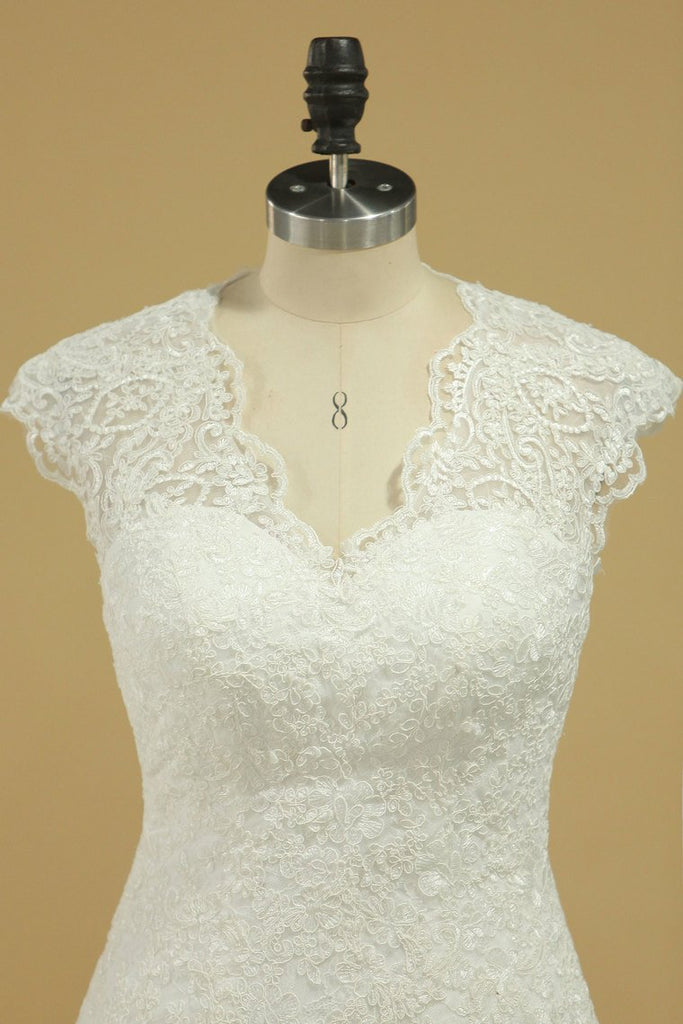 Wedding Dresses V Neck Cap Sleeve With Applique Mermaid Lace