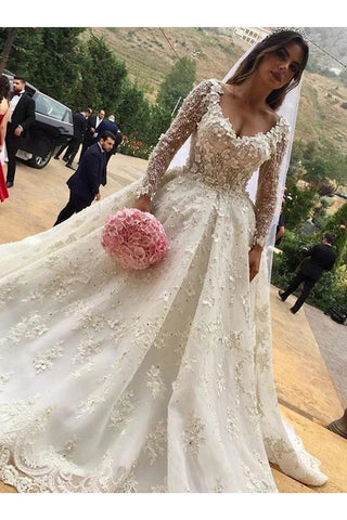 V-Neck Long Sleeves Ball Gown Wedding Dress With Appliques SJSP2F2SCZH