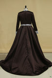High Neck Long Sleeves Prom Dresses A Line Satin With Beading