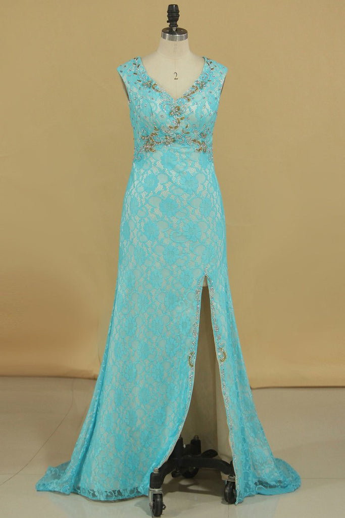 Sexy Open Back V Neck With Beads And Slit Prom Dresses Mermaid Lace Sweep Train