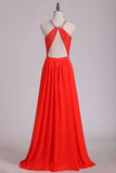 Prom Dresses Halter A Line Chiffon With Beads Floor Length
