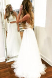 2 Pieces Simple Flowy A-Line Ivory Long Open Back Prom Dresses For Teens
