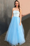 Charming Strapless Long Lace Tulle Light Blue Elegant Prom Dresses