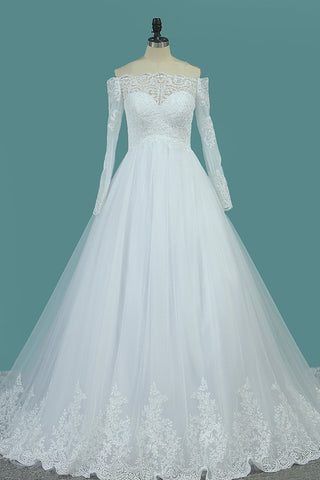 Boat Neck A Line Long Sleeves Wedding Dresses Tulle With Applique