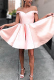 Cute A Line Off the Shoulder Open Back Sweetheart Pink Satin Short Homecoming Dresses JS03