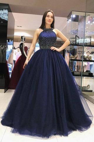 Elegant Scoop Royal Blue Ball Gown Open Back Halter Beading Tulle Prom Dresses UK JS438