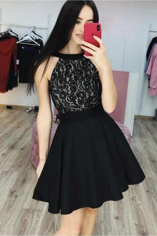 Black Lace& Chiffon Heap Homecoming Dresses, A Line Sleeveless Short Prom Dress
